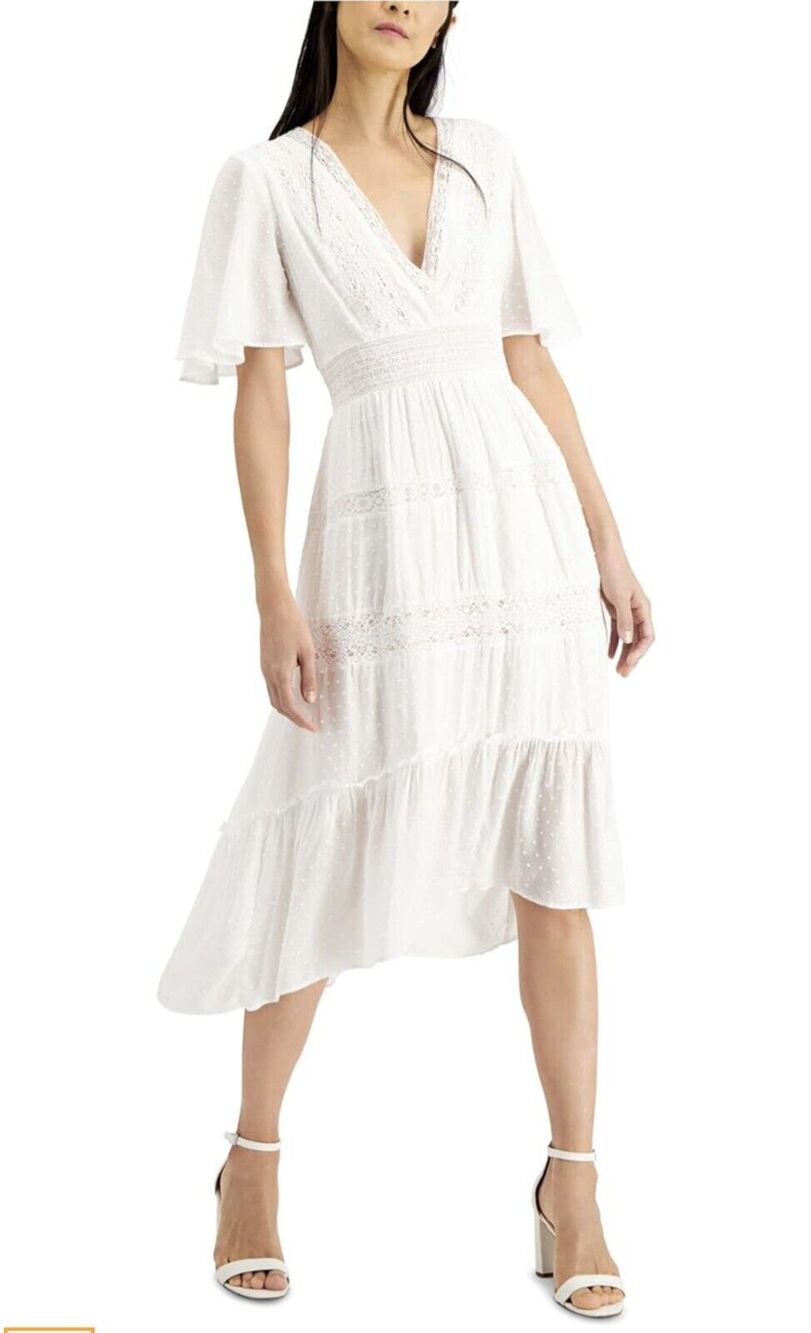 INC International Concepts White Flutter Sleeve V-Neck High Low Flowy Dress Sz S